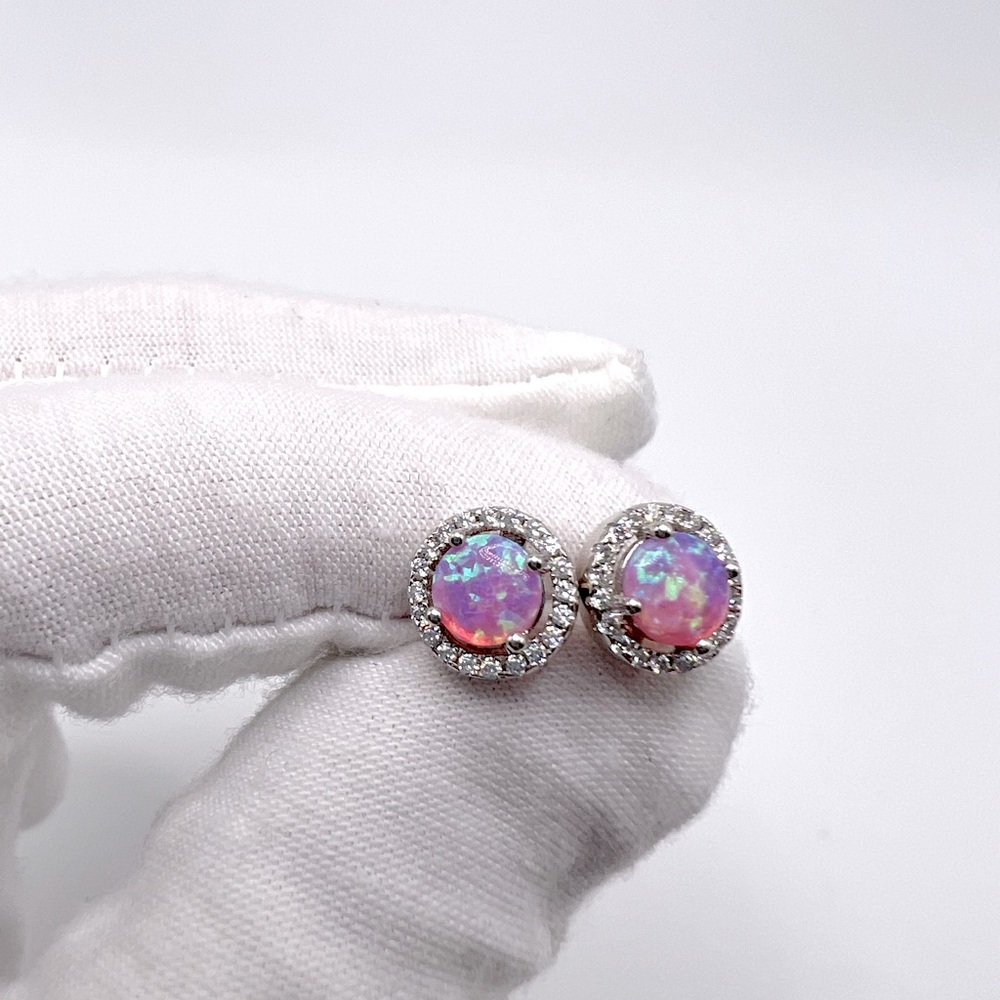 Sterling Silver Halo Pink Fire Opal Cz Set - Picture 11 of 17